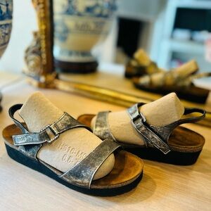 Naot Pewter Metallic Leather Rhinestone Crystal Buckle Sandals